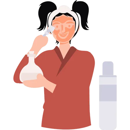 Girl is putting a face mask on her face  イラスト