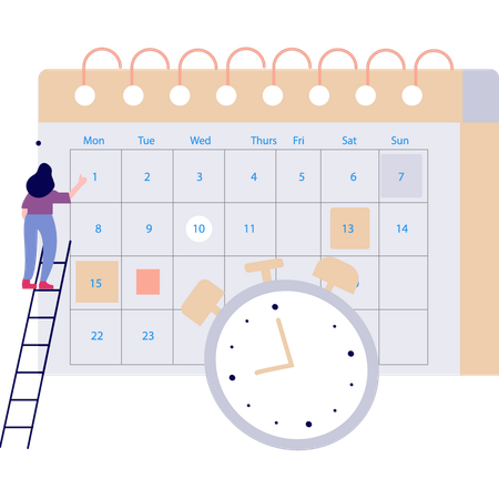 Girl is putting a reminder on the calendar  イラスト