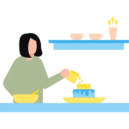 The Girl Is Putting Cream On The Cake Illustration