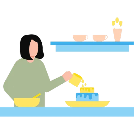 Girl is putting cream on the cake  Illustration