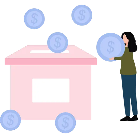 The Girl Is Putting Money In Saving Box Illustration