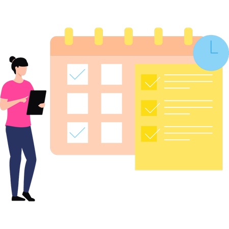 Girl is putting reminders on a calendar  일러스트레이션