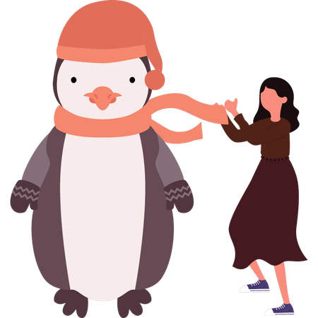 Girl is putting scarf around penguins neck  Illustration