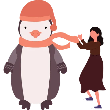 Girl Is Putting Scarf Around Penguins Neck Illustration