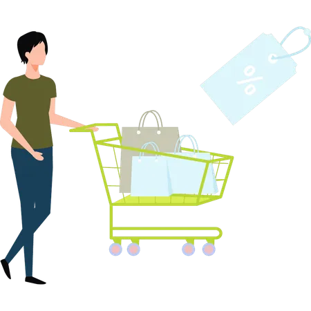 A Girl Is Putting Shopping Bags In A Trolley Illustration