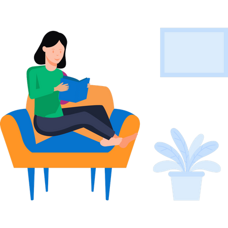 Girl is reading a book on sofa  Illustration