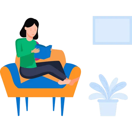 Girl is reading a book on sofa  Illustration