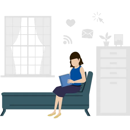 Girl is reading a book on the sofa  イラスト