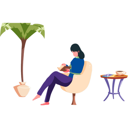 Girl is reading a book on the sofa  イラスト
