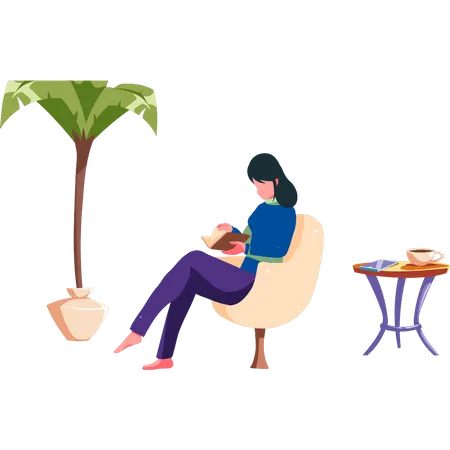 The Girl Is Reading A Book On The Sofa Illustration