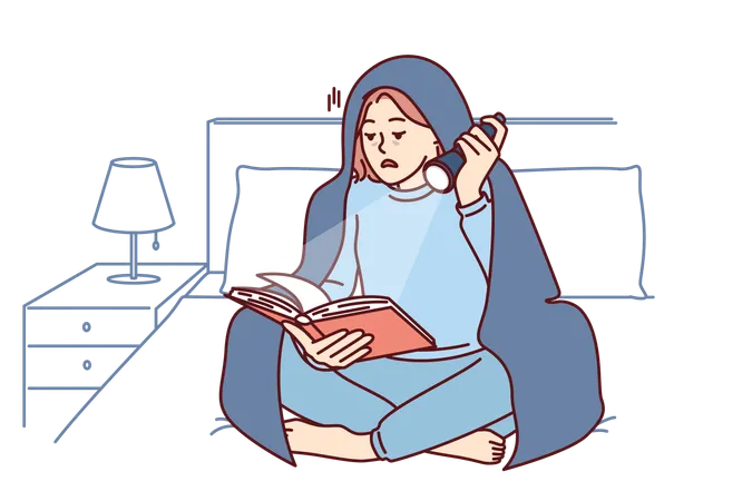 Intrigued Girl Wrapped In Blanket Reads Book Late At Night And Illuminates Pages Of Textbook With Flashlight Sitting On Bed Female Teenager Does Not Want To Go To Bed And Enjoys Reading Fiction Illustration