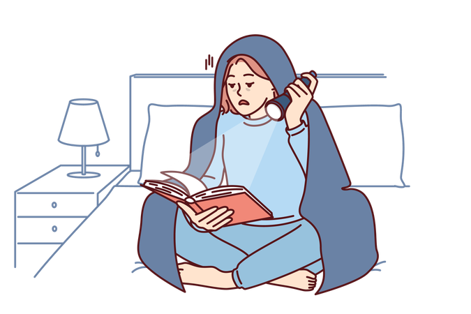 Girl is reading book at midnight  Illustration