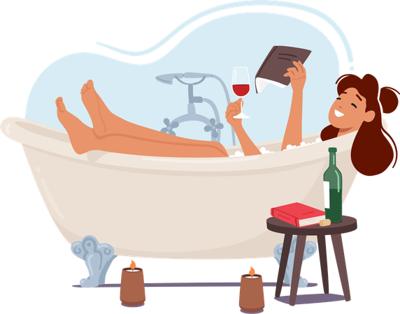 Girl is reading book in bathtub with wine glass  Illustration