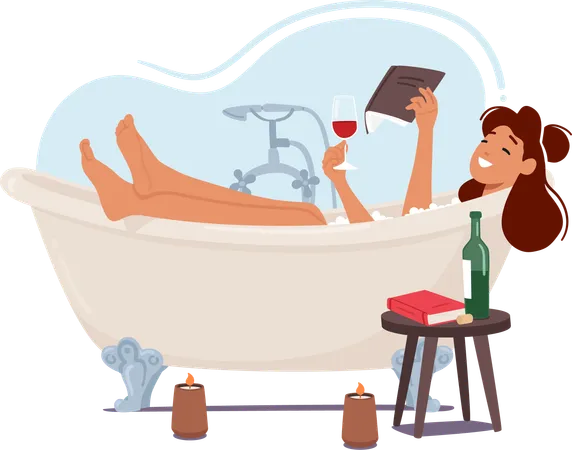 Cute Woman Finds Joy In Reading Books Lying In Tub With A Glass Of Red Wine And Burning Candles As She Explores The Realms Of Imagination Embracing The Magic Of Words And The Stories They Hold Illustration