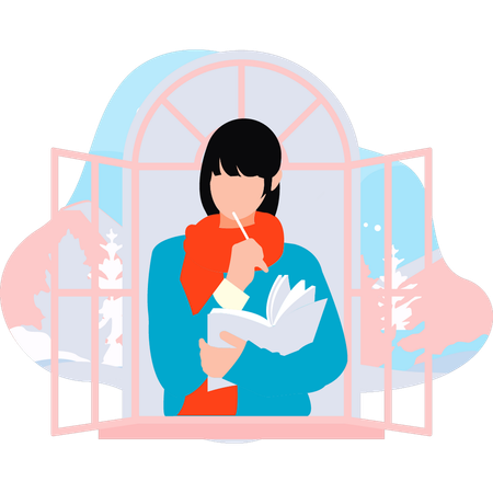 Girl is reading book in winter  Illustration