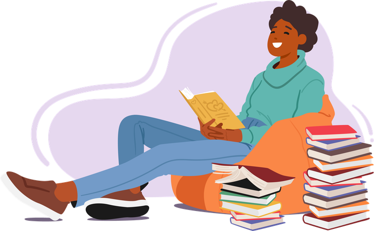 Girl is reading book while sitting on bean bag  Illustration