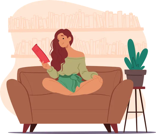 Girl is reading book while sitting on sofa  イラスト
