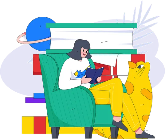 Girl is reading book with cat  Illustration
