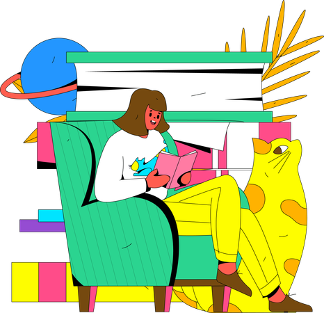 Girl is reading book with cat  Illustration