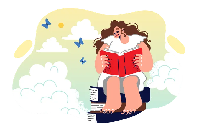 Little Girl Reads Book Sitting Among Clouds Filled With Inspiration While Reading Fiction Teenage Bookworm Is Addicted To Reading And Gaining New Knowledge From Textbooks From School Library Illustration
