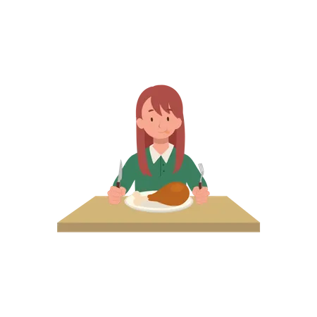 Girl is ready to eat fried chicken  Illustration