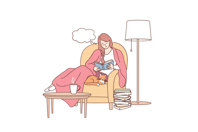 Enjoying Daily Lifestyle Concept Young Smiling Woman Cartoon Character Sitting In Armchair With Cat Reading Book In Cosy Home And Resting Vector Illustration Illustration