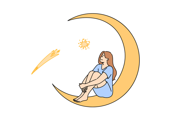 Girl is relaxing on crescent moon  일러스트레이션
