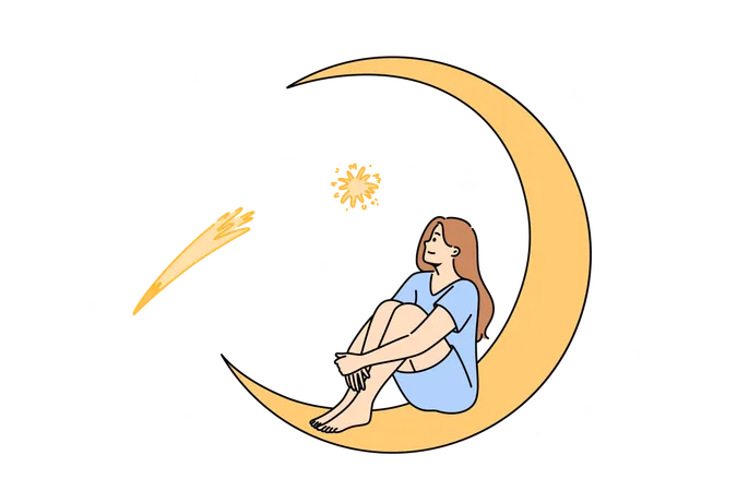 Girl is relaxing on crescent moon  Illustration