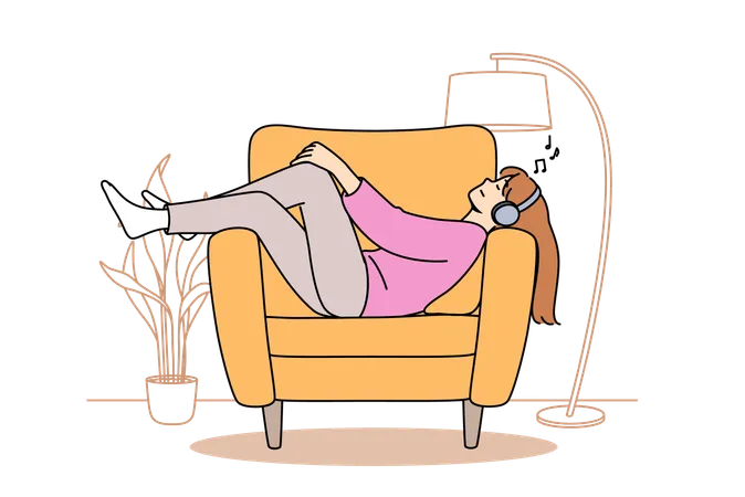 Girl is relaxing on sofa while listening to music  Illustration