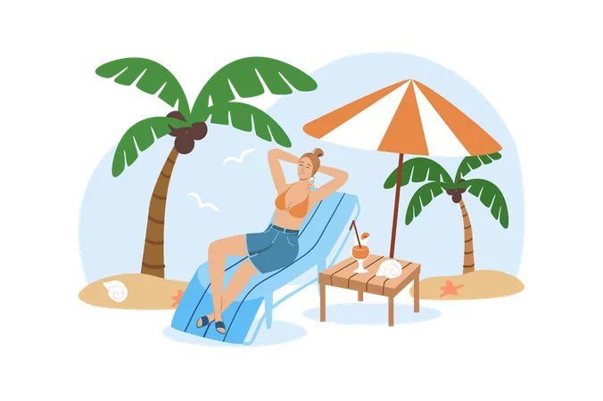 Blue Concept Travel With People Scene In The Flat Cartoon Design Girl Is Relaxing On The Beach With A Cocktail Vector Illustration Illustration