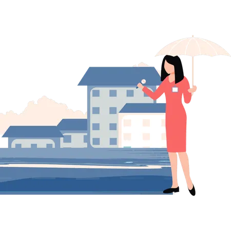 Girl is reporting in the rain  Illustration