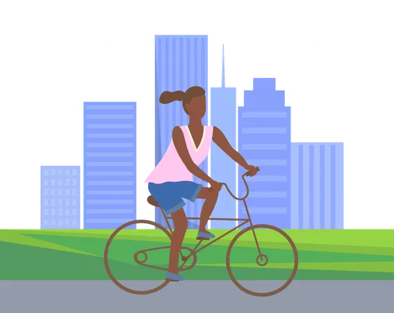 Girl is riding bicycle in garden  Illustration