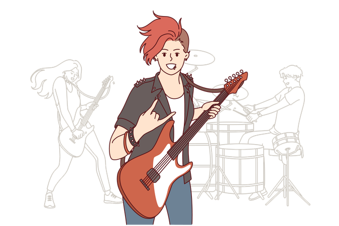 Girl is rock musician playing guitar  Illustration