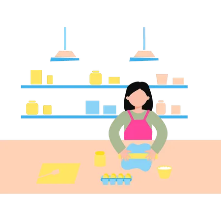 The Girl Is Rolling The Dough In The Kitchen Illustration