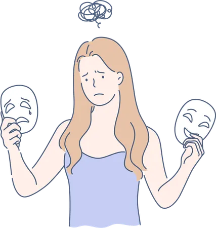 Girl is sad while holding emotions mask  Illustration