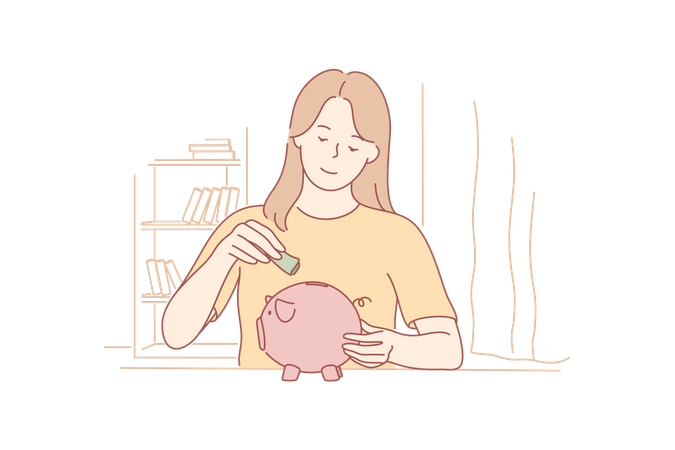 Girl is saving her money in piggy bank  Illustration