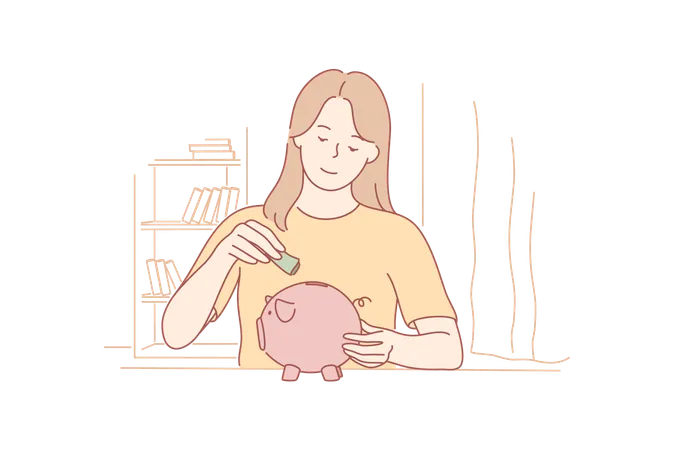 Money Savings Investment Capital Concept Young Happy Student Woman Teenager Girl Puts Cash In Piglike Moneybox Making Bank Deposit Investment Currency Illustration
