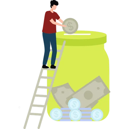 Girl is saving money in a savings jar  Illustration