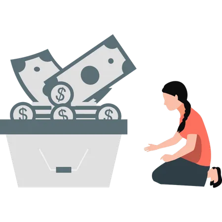 Girl is saving money in bucket  Illustration