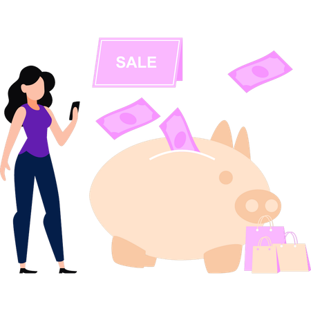 Girl is saving money in sale shopping  Illustration