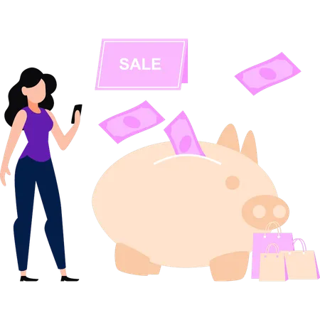 Girl is saving money in sale shopping  Illustration