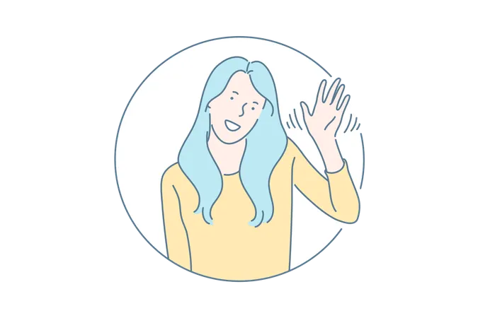 Friendly Nonverbal Greeting Gesture Concept Cheerful Smiling Cute Young Girl Waving Hand Saying Hi Hello Goodbuy Meeting People Welcoming Salutation Symbol Simple Flat Vector Illustration