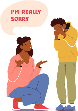 Girl is saying sorry while bending on her knees  イラスト