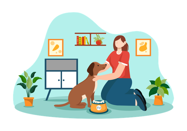 Girl is serving dog in meal plate  Illustration