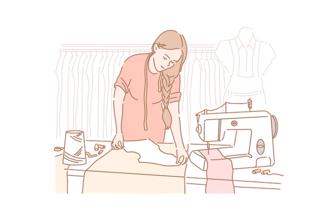 Tailor Dressmaking Sewing Concept Young Woman Is Sewing Clothes In Her Clothing Store Dressmaking Is Profitable Business Happy Girl Tailor Is Darning Blouse In Fabric Simple Flat Vector Illustration