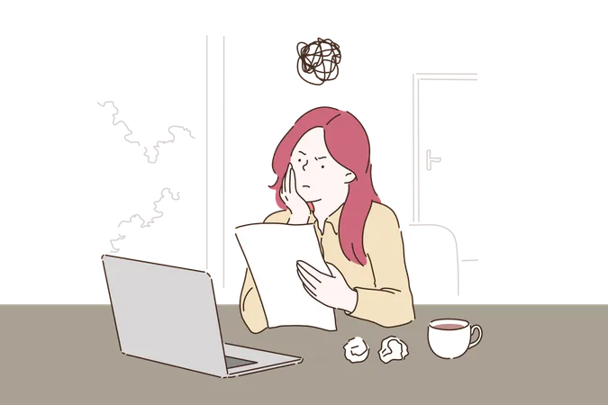 Creative Crisis Burnout Cartoon Concept Woman Working With Laptop Reading Document With Dissatisfied Facial Expression Student Writing Essay With Several Spoilt Drafts Simple Flat Vector Illustration
