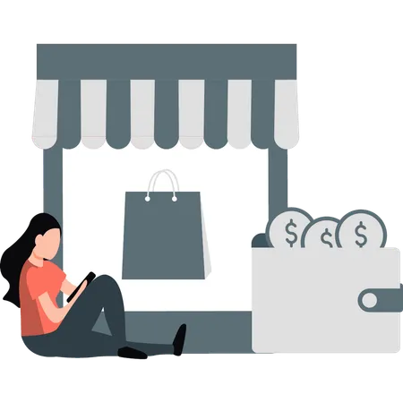 Girl is shopping online from mobile  Illustration