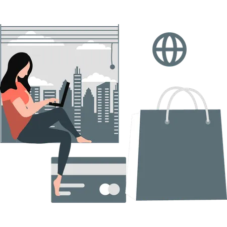A Girl Is Shopping Online On A Laptop Illustration