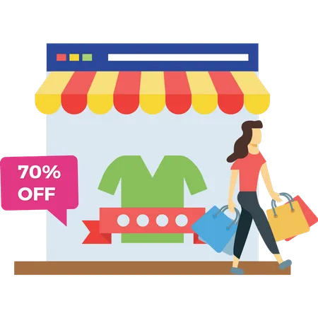 Girl is shopping with 70% discount Illustration