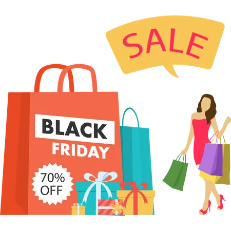 Girl is shopping with 70% discount  Illustration